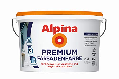 Alpina Premium Fassadenfarbe – weiß, matt – hochwertige Aussenfarbe mit langem Wetterschutz – ergiebig, wetterbeständig & atmungsaktiv – 2,5 Liter von Alpina