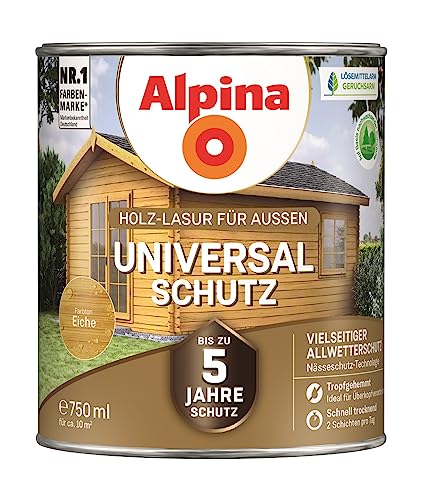 Alpina Universal-Schutz Lasur – Eiche, seidenmatt – langanhaltender Schutz vor Witterung und Nässe – tropf- und spritzgehemmt – 750 ml von Alpina