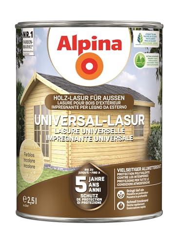 Alpina Universal-Schutz Lasur – Farblos – langanhaltender Schutz vor Witterung und Nässe – tropf- und spritzgehemmt – 2,5 Liter Alpina Universal-Schutz Lasur – Farblos – langanhaltender Schutz vor Witterung und Nässe – tropf- und spritzgehemmt – 2,5 Liter von Alpina