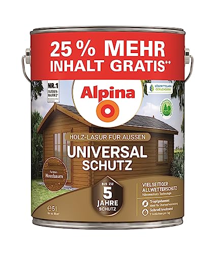 Alpina Universal-Schutz Lasur – Nussbaum, seidenmatt – langanhaltender Schutz vor Witterung und Nässe – tropf- und spritzgehemmt – 5 Liter von Alpina