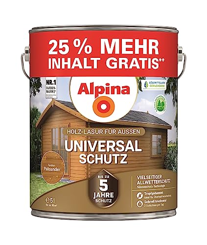 Alpina Universal-Schutz Lasur – Palisander, seidenmatt – langanhaltender Schutz vor Witterung und Nässe – tropf- und spritzgehemmt – 5 Liter von Alpina