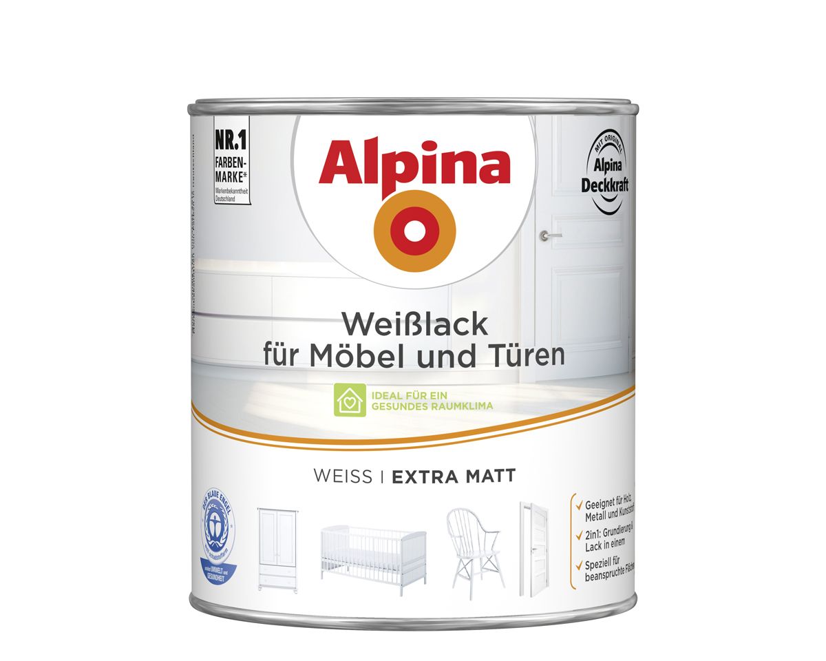 Alpina Weißlack für Möbel und Türen 2 L weiß extra matt von Alpina