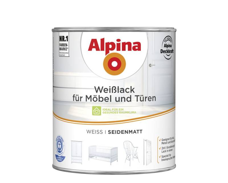Alpina Weißlack für Möbel und Türen 2 L weiß seidenmatt von Alpina