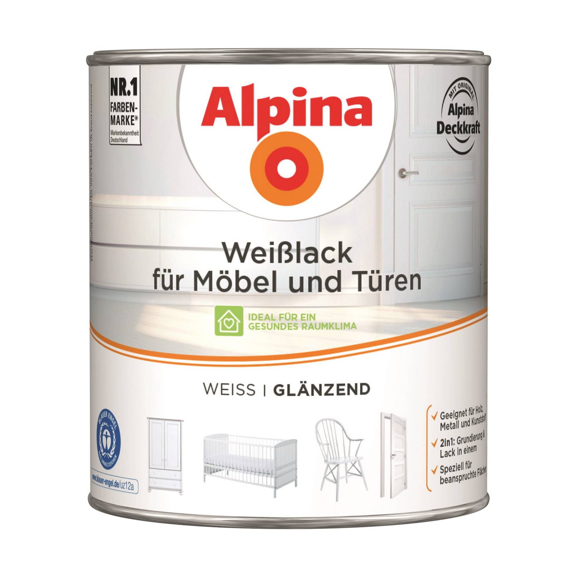 Alpina Weißlack für Möbel und Türen glänzend 2 l von Alpina