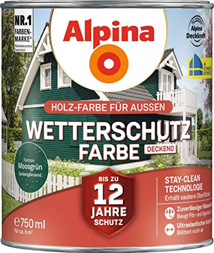 Alpina Holz-Wetterschutz-Farben – Moosgrün, deckend – bis zu 12 Jahre Schutz vor Witterung und Nässe – schmutzabweisend, deckend & ergiebig – 750 ml von Alpina