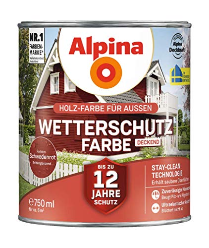 Alpina Holz-Wetterschutz-Farben – Schwedenrot, deckend – bis zu 12 Jahre Schutz vor Witterung und Nässe – schmutzabweisend, deckend & ergiebig – 750 ml von Alpina