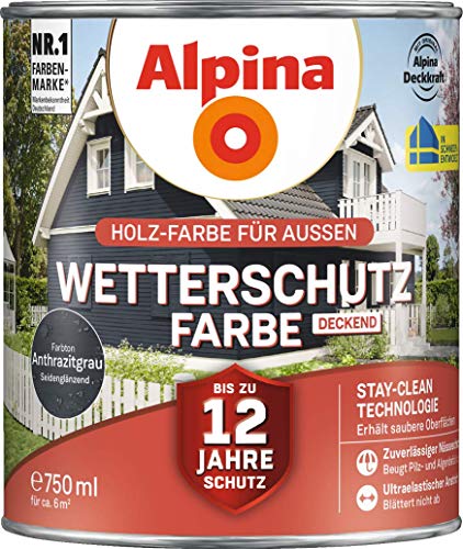 Alpina Holz-Wetterschutz-Farben – Anthrazitgrau, deckend – bis zu 12 Jahre Schutz vor Witterung und Nässe – schmutzabweisend, deckend & ergiebig – 750 ml von Alpina