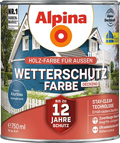 Alpina Holz-Wetterschutz-Farben – Azurblau, deckend – bis zu 12 Jahre Schutz vor Witterung und Nässe – schmutzabweisend, deckend & ergiebig – 750 ml von Alpina