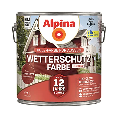 Alpina Holz-Wetterschutz-Farben – Schwedenrot, deckend – bis zu 12 Jahre Schutz vor Witterung und Nässe – schmutzabweisend, deckend & ergiebig – 4 Liter von Alpina