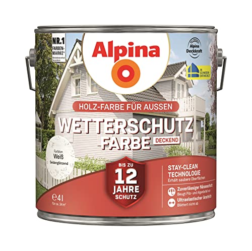 Alpina Holz-Wetterschutz-Farben – Weiß, deckend – bis zu 12 Jahre Schutz vor Witterung und Nässe – schmutzabweisend, deckend & ergiebig – 4 Liter von Alpina