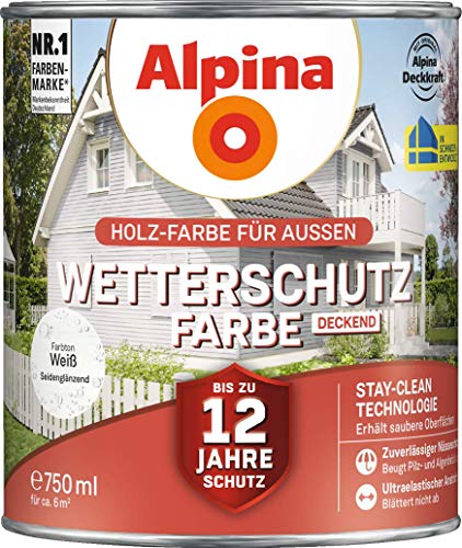 Alpina Holz-Wetterschutz-Farben – Weiß, deckend – bis zu 12 Jahre Schutz vor Witterung und Nässe – schmutzabweisend, deckend & ergiebig – 750 ml von Alpina