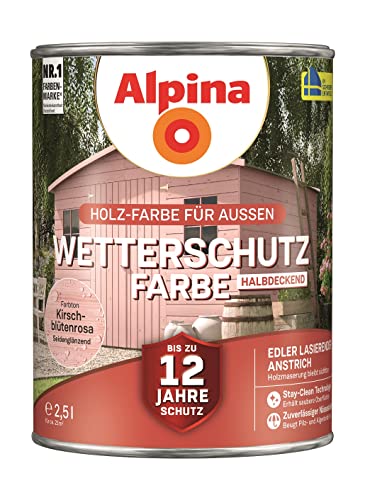 Alpina Holz-Wetterschutz-Farben – Kirschblütenrosa, halbdeckend – bis zu 12 Jahre Schutz vor Witterung und Nässe – schmutzabweisend, deckend & ergiebig – 2,5 L von Alpina
