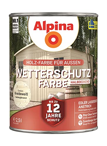 Alpina Holz-Wetterschutz-Farben – Kreideweiß, halbdeckend – bis zu 12 Jahre Schutz vor Witterung und Nässe – schmutzabweisend, deckend & ergiebig – 2,5 L von Alpina