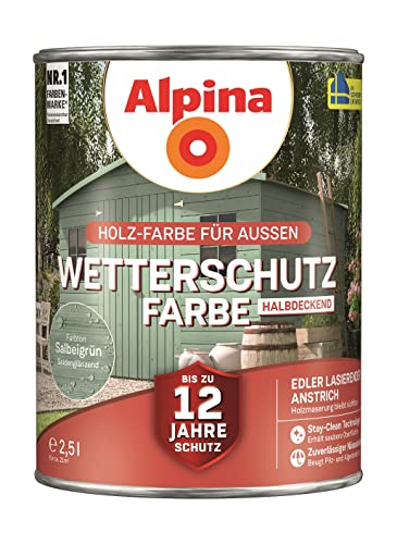 Alpina Holz-Wetterschutz-Farben – Salbeigrün, halbdeckend – bis zu 12 Jahre Schutz vor Witterung und Nässe – schmutzabweisend, deckend & ergiebig – 2,5 L von Alpina