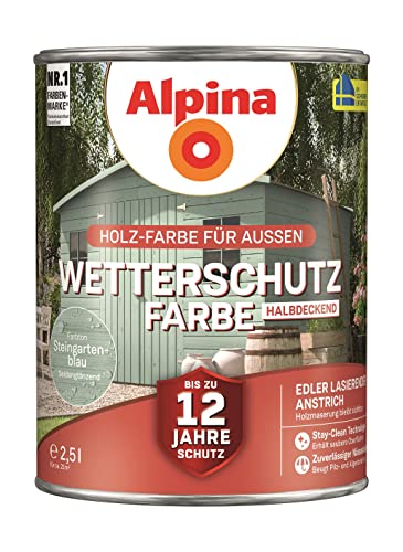 Alpina Holz-Wetterschutz-Farben – Steingartenblau, halbdeckend – bis zu 12 Jahre Schutz vor Witterung und Nässe – schmutzabweisend, deckend & ergiebig – 2,5 L von Alpina