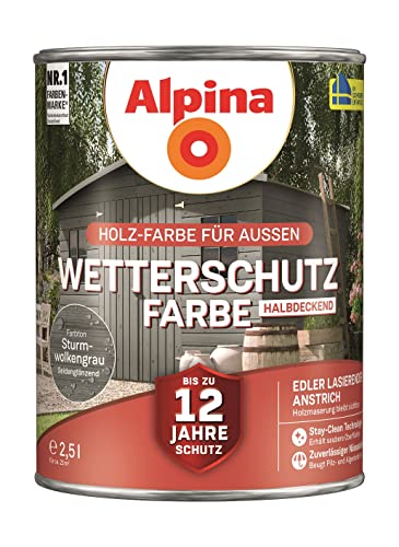 Alpina Holz-Wetterschutz-Farben – Sturmwolkengrau, halbdeckend – bis zu 12 Jahre Schutz vor Witterung und Nässe – schmutzabweisend, deckend & ergiebig – 2,5 L von Alpina