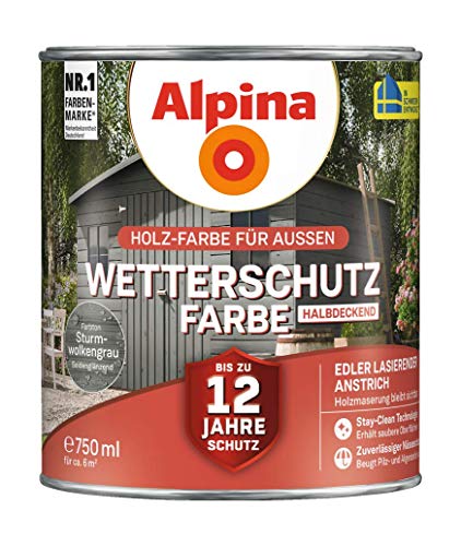 Alpina Holz-Wetterschutz-Farben – Sturmwolkengrau, halbdeckend – bis zu 12 Jahre Schutz vor Witterung und Nässe – schmutzabweisend, deckend & ergiebig – 750 ml von Alpina