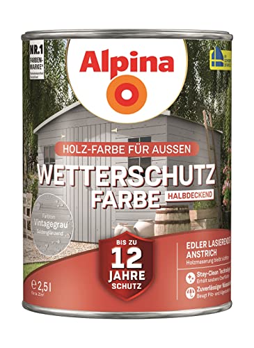 Alpina Holz-Wetterschutz-Farben – Vintagegrau, halbdeckend – bis zu 12 Jahre Schutz vor Witterung und Nässe – schmutzabweisend, deckend & ergiebig – 2,5 L von Alpina