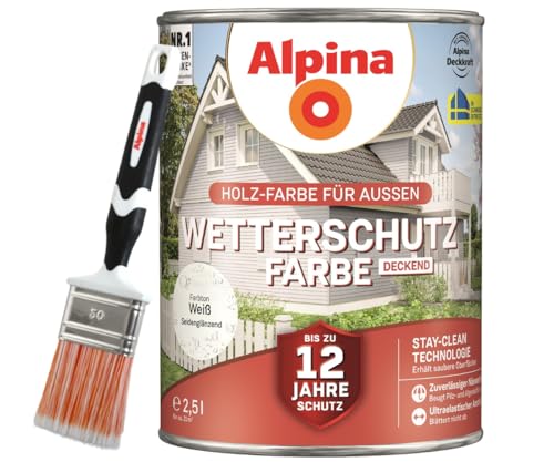 Alpina Holz-Wetterschutz-Farben inkl. Pinsel 50 mm - Weiß, deckend - bis zu 12 Jahre Schutz vor Witterung und Nässe – schmutzabweisend, deckend & ergiebig – 2,5 L von Alpina
