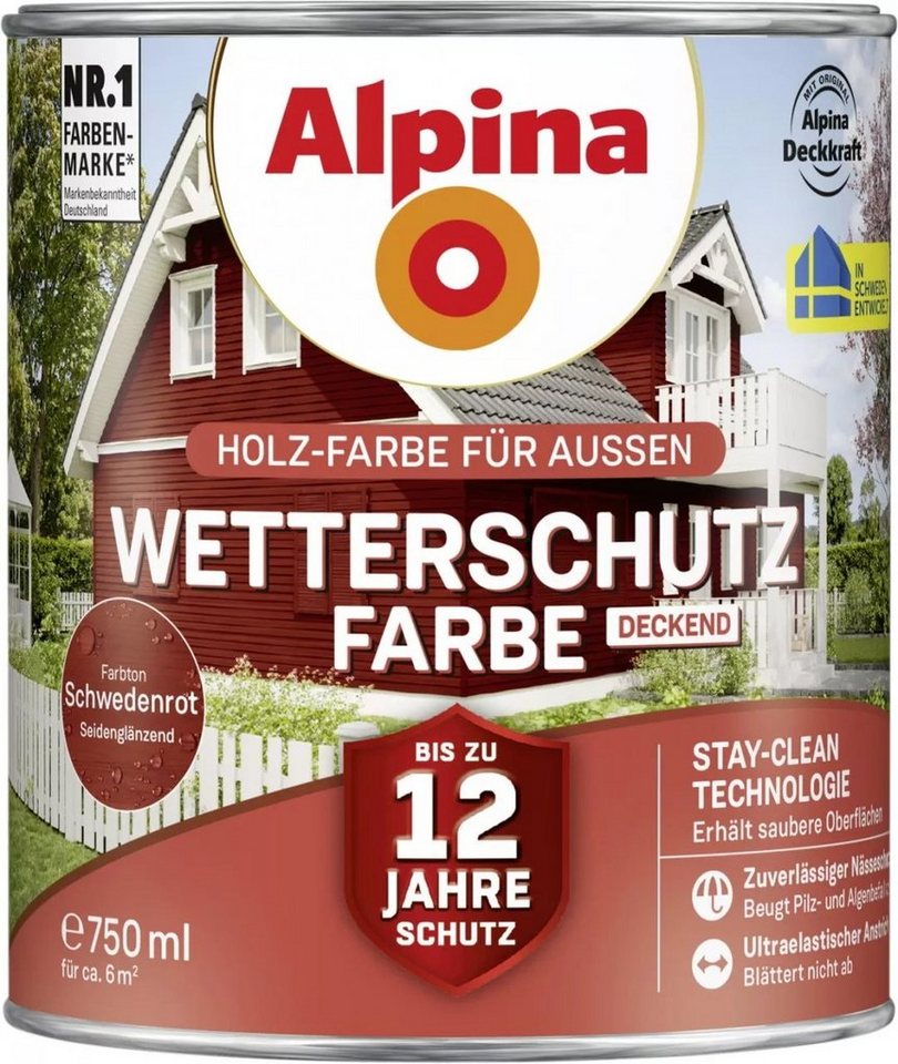 Alpina Wetterschutzfarbe Holzfarbe für außen deckend Schwedenrot 750 ml Alpina Wetterschutzfarbe Holzfarbe für außen deckend Schwedenrot 750 ml von Alpina