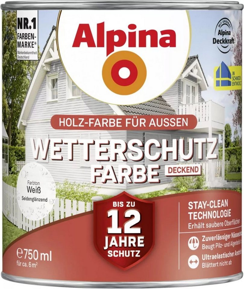 Alpina Wetterschutzfarbe Holzfarbe für außen deckend Weiß 750 ml Alpina Wetterschutzfarbe Holzfarbe für außen deckend Weiß 750 ml von Alpina