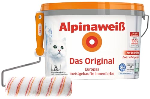 Alpinaweiß Das Original – optimal deckende und ergiebige weiße Wandfarbe – mit Spritz-Schutz-Formel – inkl. Spezial-Roller - 1 Liter von Alpina