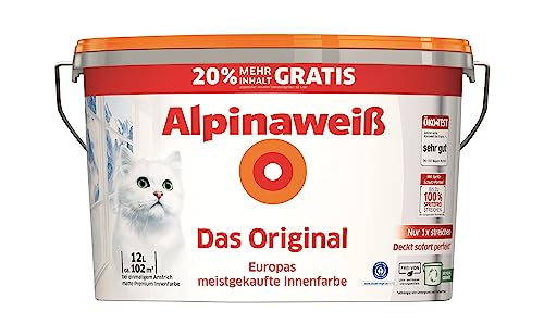 Alpinaweiß Das Original – optimal deckende und ergiebige weiße Wandfarbe – mit Spritz-Schutz-Formel – 12 Liter von Alpina