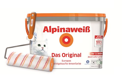 Alpinaweiß Das Original – optimal deckende und ergiebige weiße Wandfarbe – mit Spritz-Schutz-Formel – inkl. Roller - 10 Liter von Alpina