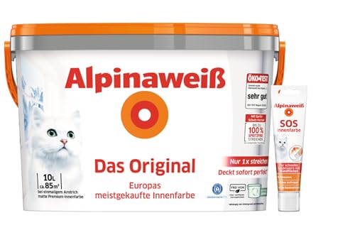 Alpinaweiß Das Original – optimal deckende und ergiebige weiße Wandfarbe– mit Spritz-Schutz-Formel – inkl. SOS Innenfarbe - 10 Liter von Alpina
