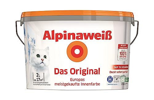 Alpinaweiß Das Original – optimal deckende und ergiebige weiße Wandfarbe – mit Spritz-Schutz-Formel – 2 Liter von Alpina