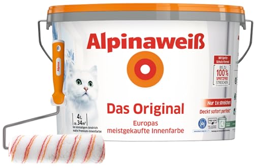 Alpinaweiß Das Original – optimal deckende und ergiebige weiße Wandfarbe – mit Spritz-Schutz-Formel – inkl. Spezialroller - 4 Liter von Alpina