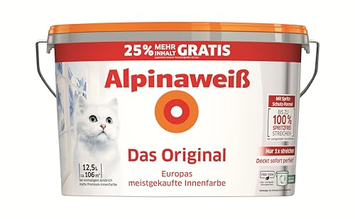 Alpinaweiß Das Original – optimal deckende und ergiebige weiße Wandfarbe – mit Spritz-Schutz-Formel – 10 Liter + 2,5 Liter gratis von Alpina