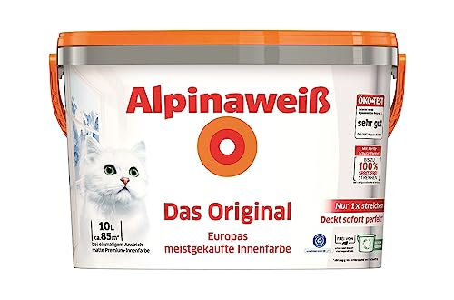 Alpinaweiß Das Original – optimal deckende und ergiebige weiße Wandfarbe – mit Spritz-Schutz-Formel – 10 Liter von Alpina