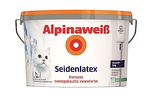 Alpinaweiß Seidenlatex in weißer Seidenglanz-Optik – strapazierfähige und atmungsaktive Wandfarbe – ergiebig, gut deckend & reinigungsfähig – 5 Liter von Alpina