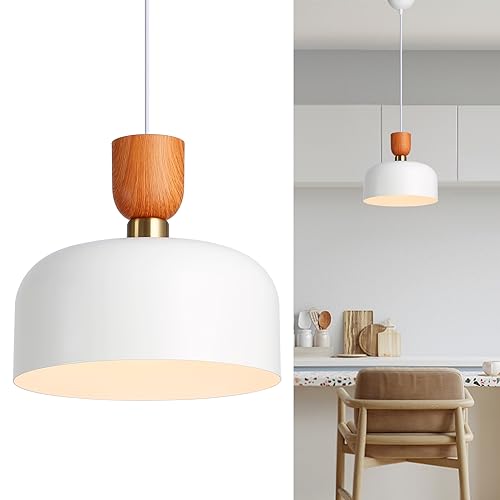 Alpinaluz Deckenleuchte, weißer Stahl mit Holzfarbe, dekorativer goldfarbener Ring, Lampenschirm 30 cm, Lampenfassung E27, elegantes Design für Wohnzimmer, Esszimmer und Schlafzimmer von Alpinaluz