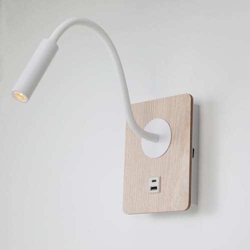 Alpinaluz LED-Wandleuchte, warmweiß, 3 W, mit flexiblem weißen Strahler, USB-Ladeanschlüssen und Typ-C - Holzeffekt, integrierter Schalter von Alpinaluz