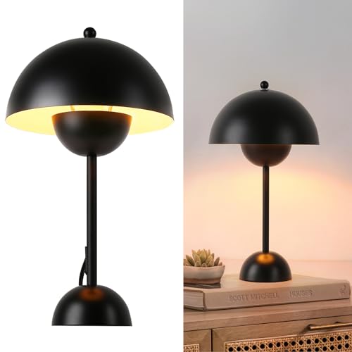 Alpinaluz Retro-Tischlampe aus Stahl – skandinavisches Design mit doppelter halbkugelförmiger Kuppel, indirektes Licht, E27-Sockel, für Nachttisch, Schreibtisch oder modernes Wohnzimmer (schwarz) von Alpinaluz