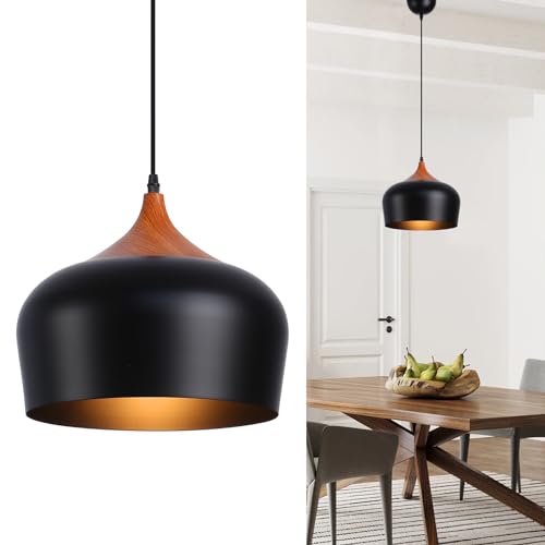 Lpinaluz Moderne Pendelleuchte - Lampenschirm aus mattschwarzem Eisen, Ø35 cm mit Holzoptik - E27-Sockel - elegante Beleuchtung für Küche, Esszimmer und Wohnzimmer von Alpinaluz