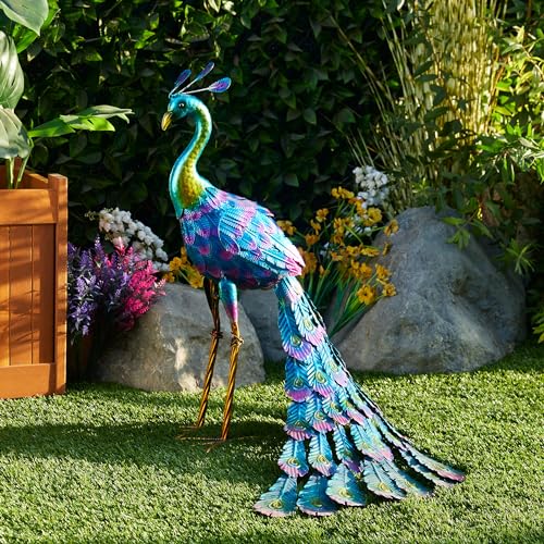 Alpine Corporation JUM208 Gartenstatue, 71 cm hoch, Metallic, Pfau, stehend, Hof, Dekoration, Mehrfarbig von Alpine Corporation