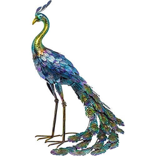 Alpine Corporation JUM208 Gartenstatue, 71 cm hoch, Metallic, Pfau, stehend, Hof, Dekoration, Mehrfarbig von Alpine Corporation