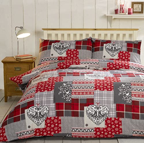 Alpine Patchwork Schneeflocke Feinbiber Thermo 100% Baumwolle Biber Quilt Bettbezug Set, baumwolle, Red/multi-colour, 200 x 200 x 0.5 cm von Rapport