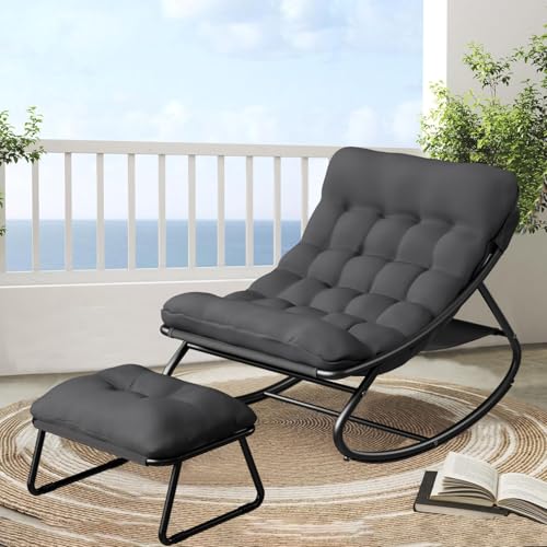 AlpineAura Schaukelstuhl mit Hocker Garten Schaukelsessel Relaxstuhl Wohnzimmer Lesesessel mit Gepolsterter, Schwingsessel Patio, bis 150 kg, für Garten, Hof, Schlafzimmer (grau) von AlpineAura