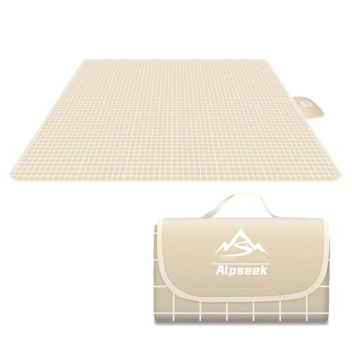 Alpseek Wasserdicht Picknickmatte, 150x180cm Campingdecke, integrierter Faltbarer Design+langlebiger Griff, geeignet für Strand, Park, Outdoor-Camping (Beige großes Gitter) von Alpseek