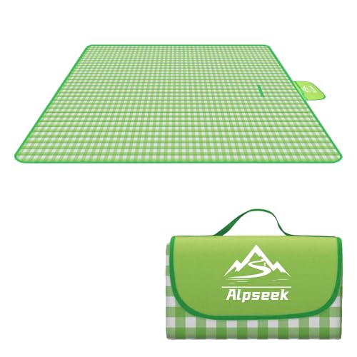 Alpseek Wasserdicht Picknickmatte, 150x180cm Campingdecke, integrierter Faltbarer Design+langlebiger Griff, geeignet für Strand, Park, Outdoor-Camping (Grünes Gitter) von Alpseek
