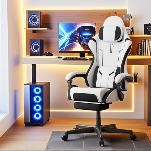 Alpstorm Gaming Stuhl mit Verstellbarer Rückenlehne & Lendenkissen - Hochwertiges atmungsaktives Stoff-PU-Leder Hybridmaterial, Robuster PC-Bürostuhl mit ausziehbarer Fußstütze (Weiß) von Alpstorm