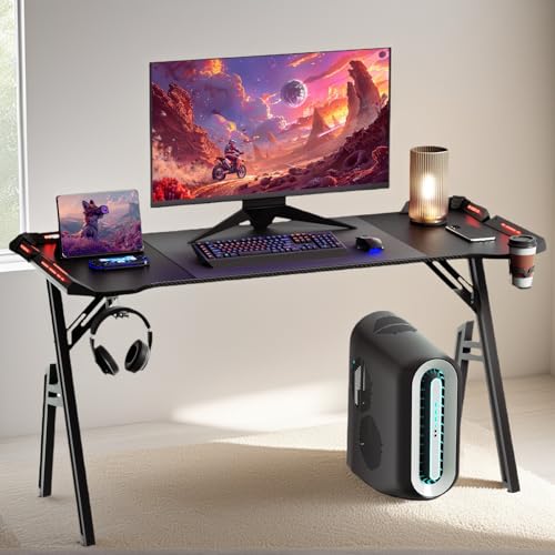 Alpstorm LED Gaming Tisch 140x60 mit RGB-Beleuchtung,Carbonoptik Schreibtisch mit A-Rahmen Design,Ergonomischer PC-Tisch mit Getränkehalter & Kopfhöreraufhängung| Schwarz von Alpstorm