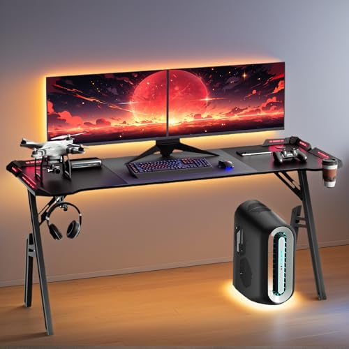 Alpstorm LED Gaming Tisch 160x60 mit RGB-Beleuchtung | Carbonoptik Schreibtisch mit A-Rahmen Design | Ergonomischer PC-Tisch mit Getränkehalter & Kopfhöreraufhängung| Schwarz von Alpstorm