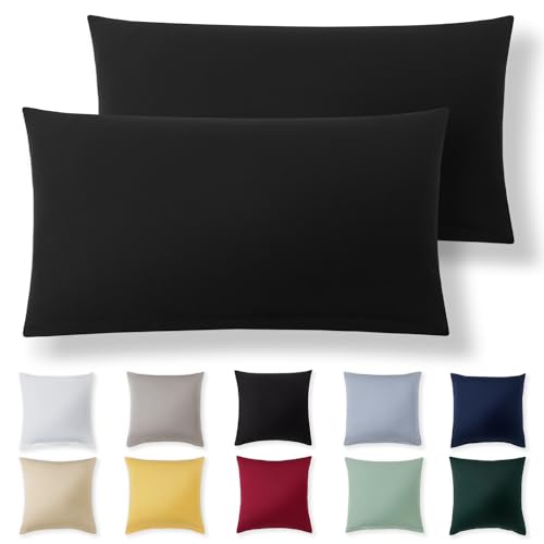 Alreya Kissenbezug 40 x 70 cm (2er Set) - Schwarz - 100% Jersey Baumwolle - Kissenhülle für Kissen 40x70 cm, Jersey Kopfkissenbezüge, Superweicher Kissenbezüge 40x70 mit Reißverschluss von Alreya