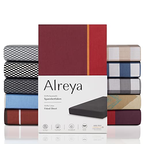 Alreya Renforcé Spannbettlaken 100 x 200 cm - Karminrot Wellen - 100% Baumwolle - Klassisches Spannbetttuch für Standardmatratzen bis 25cm Matratzenhöhe von Alreya