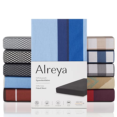 Alreya Renforcé Spannbettlaken 140 x 200 cm - Blaue Wellen - 100% Baumwolle - Klassisches Spannbetttuch für Standardmatratzen bis 25cm Matratzenhöhe von Alreya